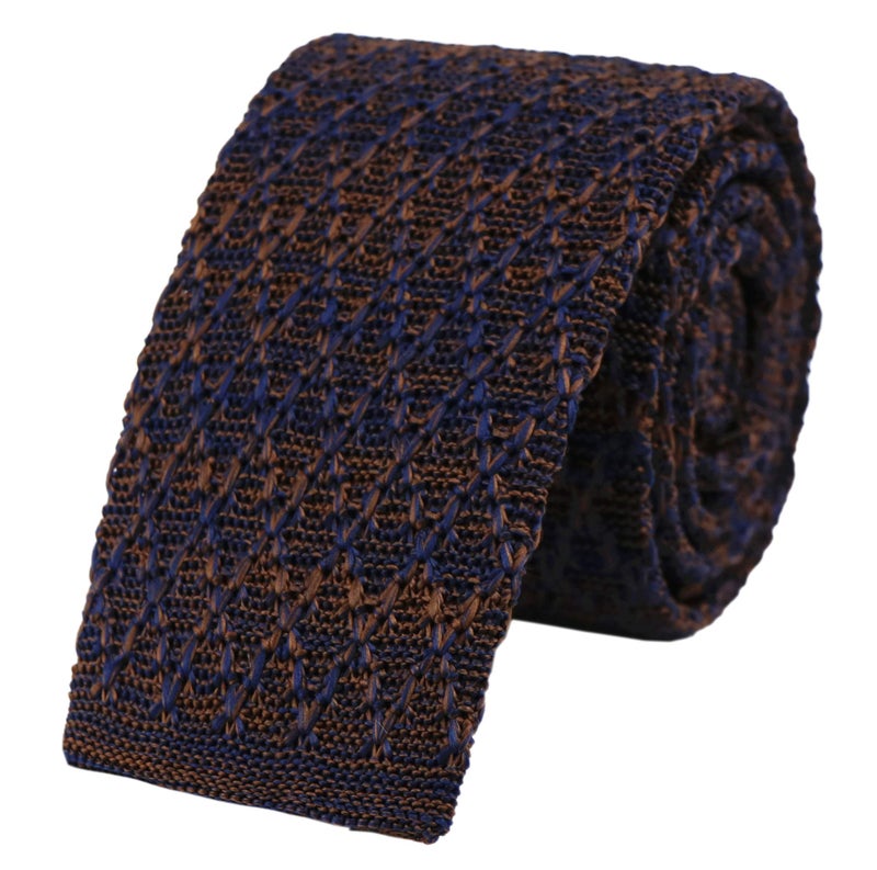 Elfeves Men's Novelty Skinny Knit Tie Vintage Smart Patterned Formal Necktie for Groom (One Size, Brown Navy) - Image 1